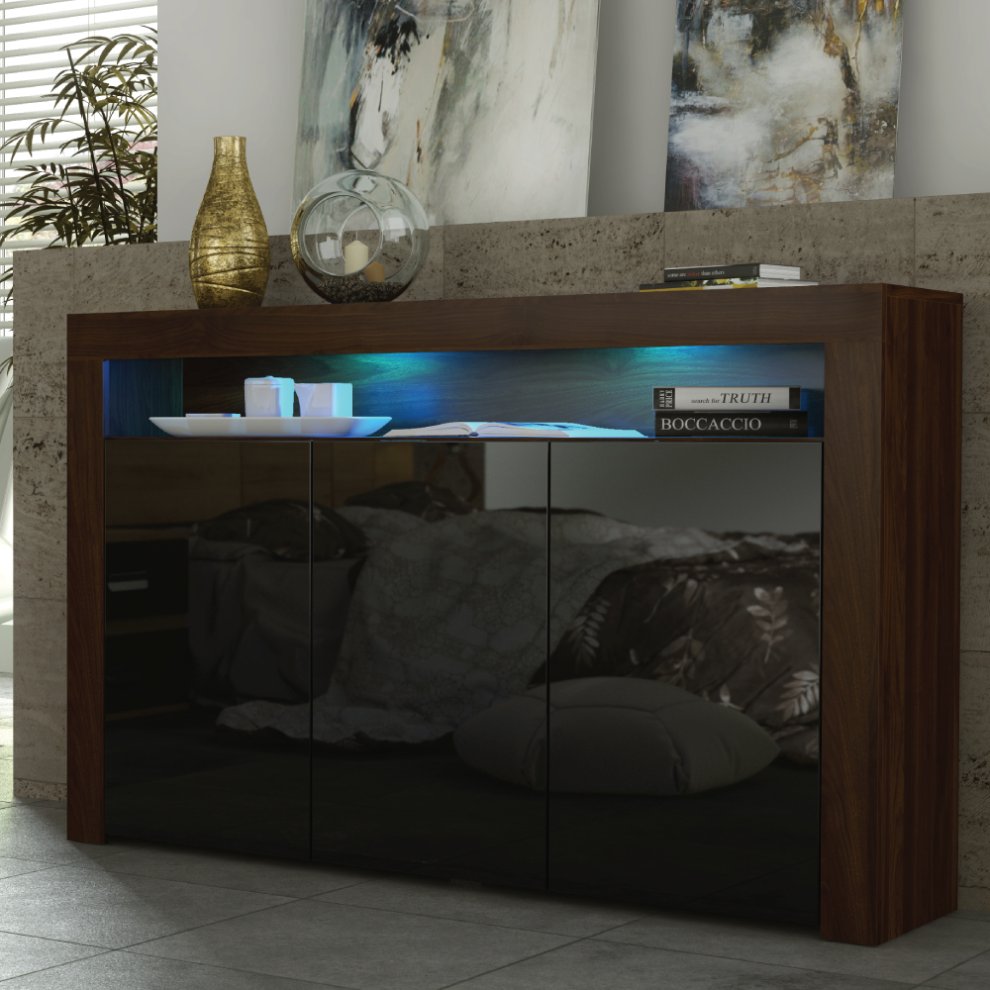 Sideboard 155cm LED Creative Furniture Walnut & Black Gloss Doors