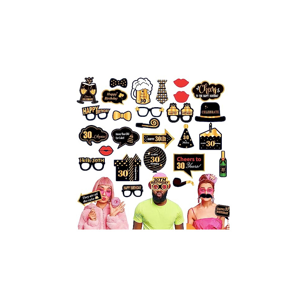 32Pcs Black Gold 30th Birthday Photo Booth Party Props,Black Gold 30th Birthday Decorations,Personalised Funny DIY Kit Party Selfie Photo Props for