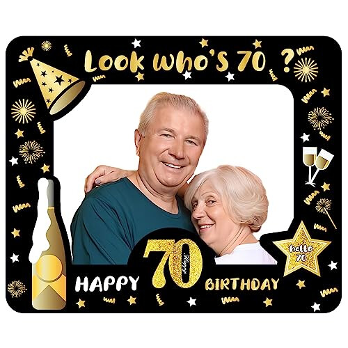 YAAVAAW Happy 70th Birthday Photo Booth Props Photo Frame,Black Gold ...