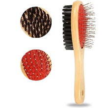 Wooden Dog Grooming Brush Double Sided Pet Hair Grooming Brush and Bristle Soft Brush, Dogs Comb and Brush for Cleaning, Grooming Tools for Long and