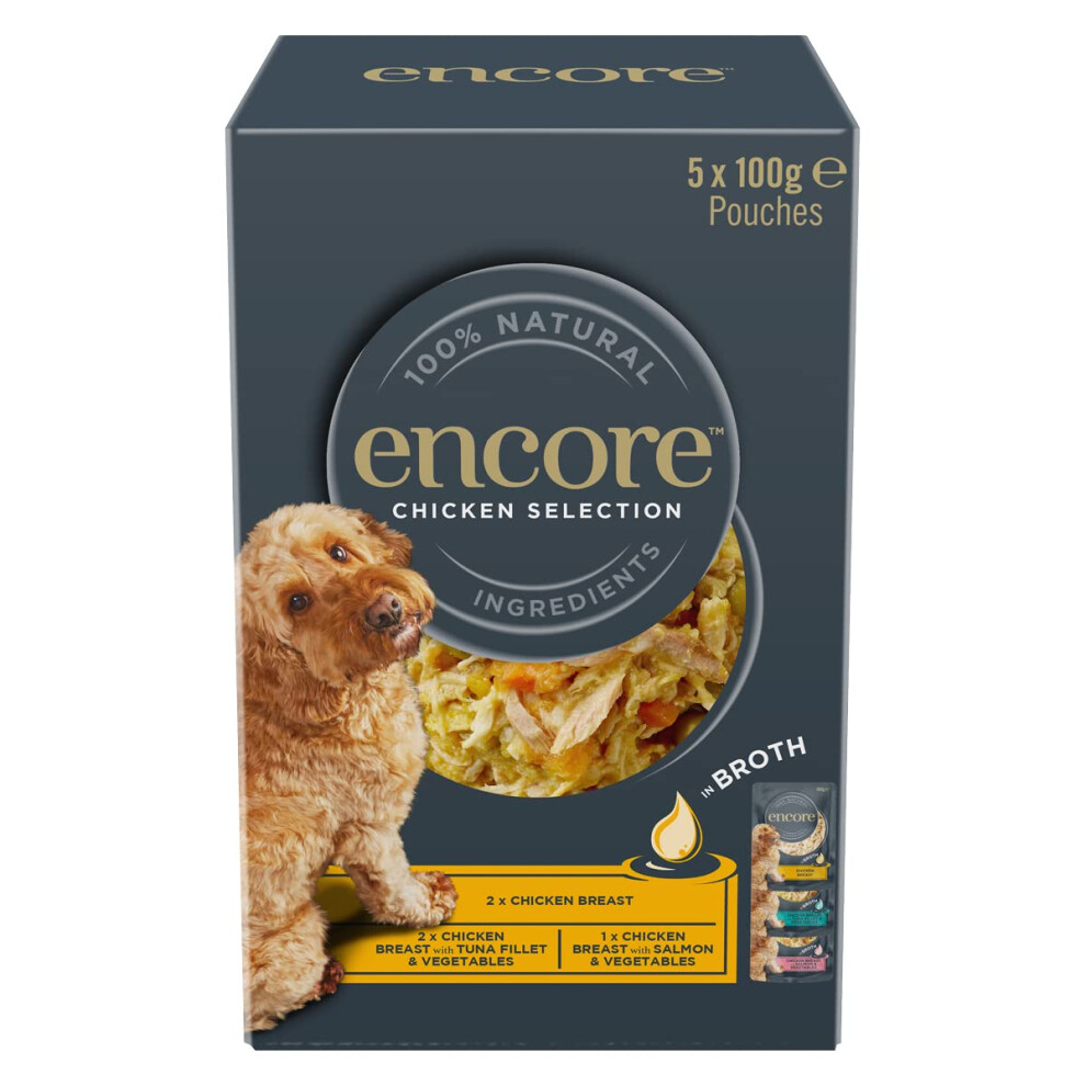 Encore 100% Natural Wet Dog Food, Chicken with Fish Selection in Broth 100g Pouch (Pack of 5x100g)