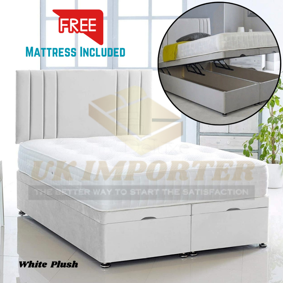 (3FT Single, White Plush) Luxury Divan Bed Plush Velvet Ottoman Gas Lift Storage Base 26" Headboard with Mattress