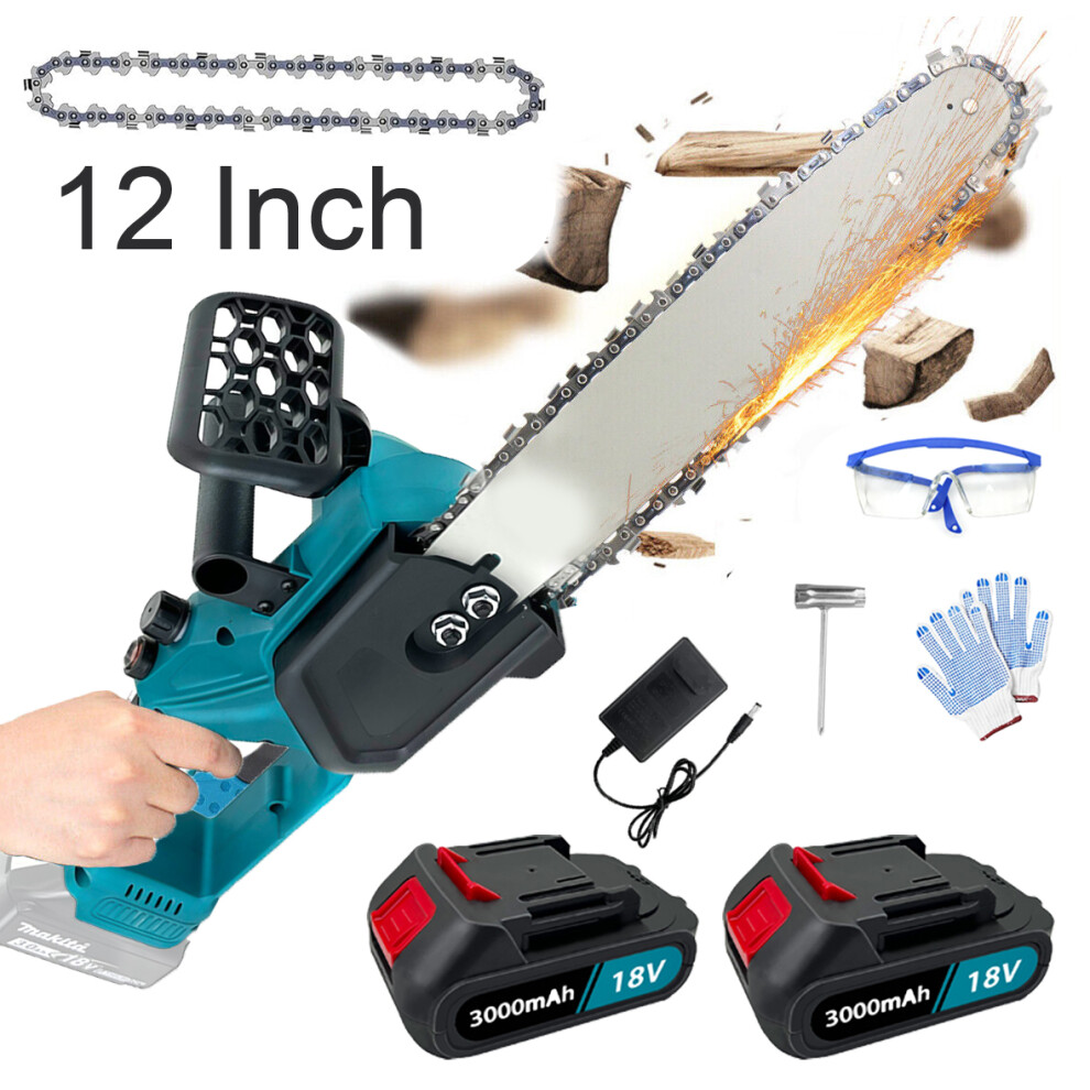 12" Heavy Duty 2Battery Brushless Chainsaw 2chains+Charger-Makita Compatible