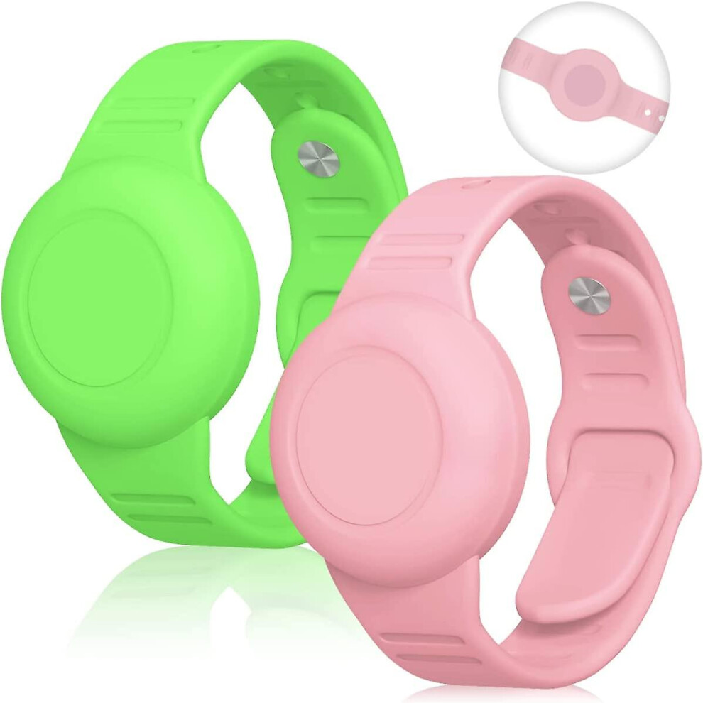 ( And Pink) Waterproof Airtag Bracelet For Kids, Silicone Wristband Full Case Cover For Apple Airtag Holder, Anti-Lost Watch Band Green/Pink
