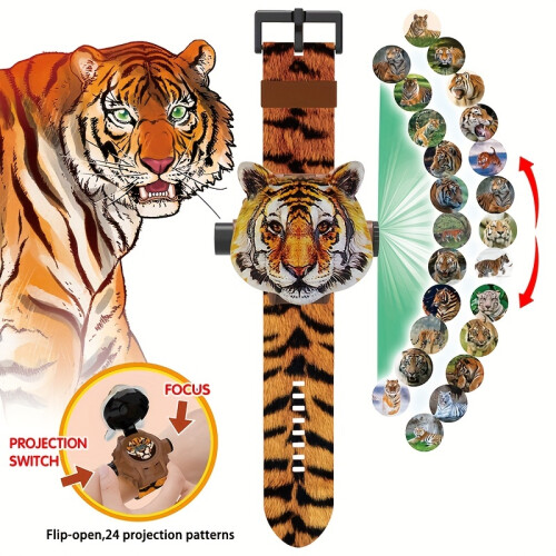 (Tiger) 3D Dinosaur Projection Watch for Kids - Adjustable Digital Screen with