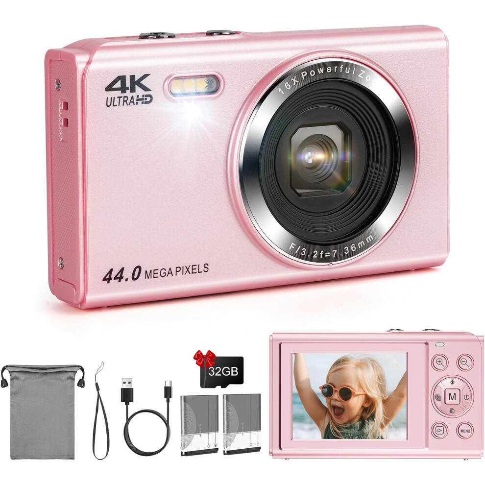 (Pink) Digital Camera, Fhd 1080P 44Mp Compact Camera,Vlogging Camera With 32G Sd Card, 2.4" Lcd Screen Rechargeable Camera With 16X Digital Zoom Pink