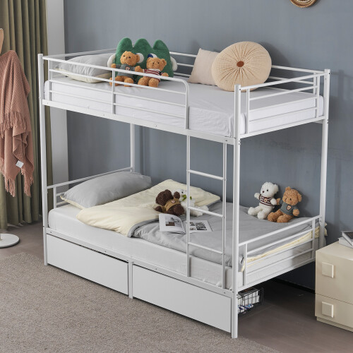 Metal Bunk Bed Frame Single Loft Sleeper W/ Two Drawers Ladder Guardrail ﻿ 1