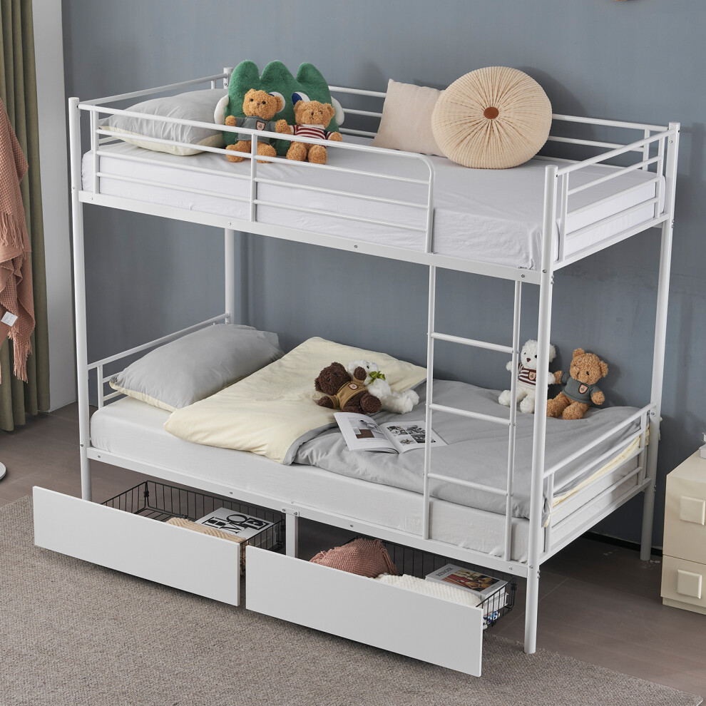 Heavy Stable Metal Bunk Bed Frame Single Loft Sleeper W/ Two Drawers & Ladder