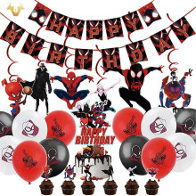 Spider-man Into The Spider-verse Spiral Flag Banner Balloons Cake Toppers Birthday Party Decor Set