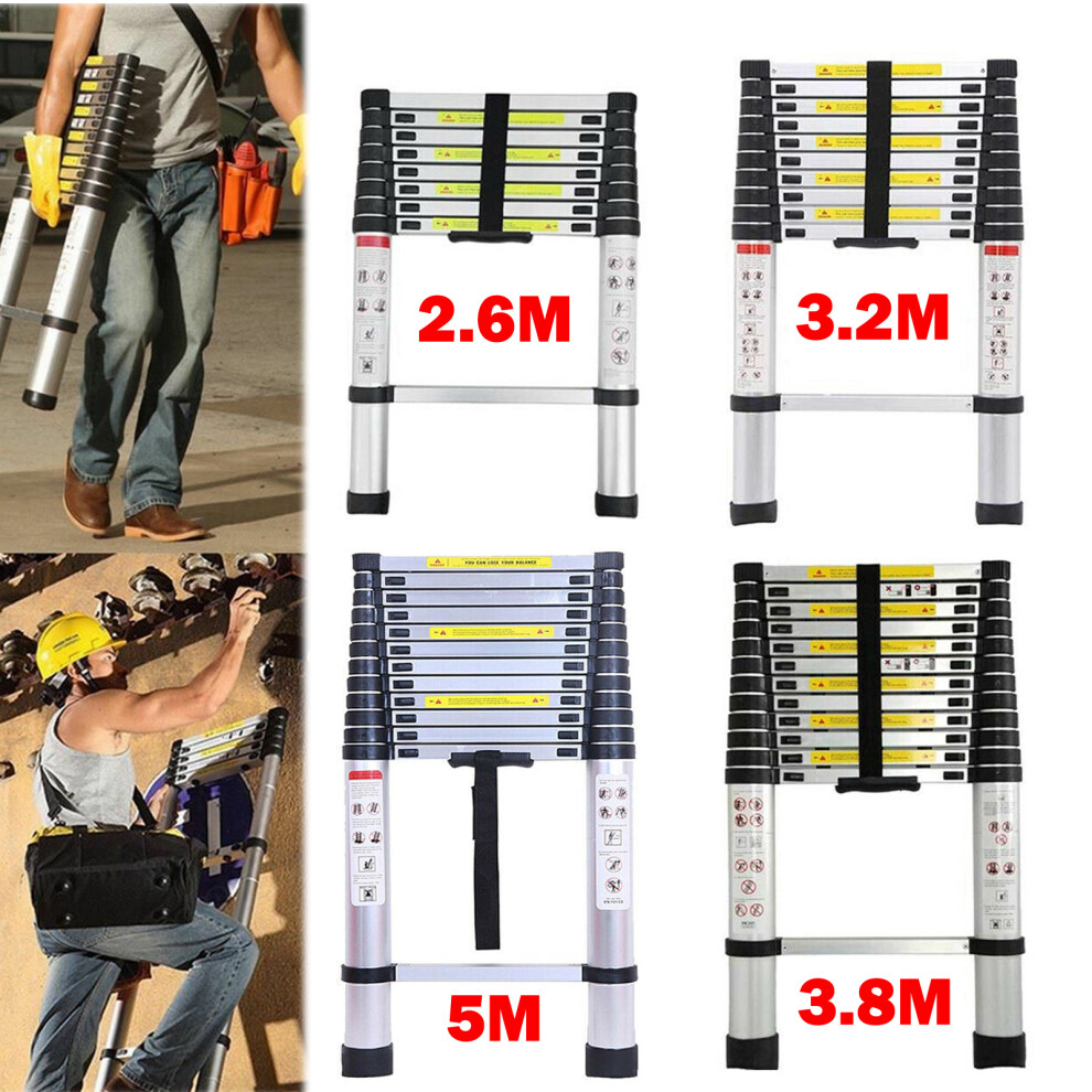 (8.5FT ) Aluminum Telescopic Ladder Portable Foldable Straight Ladder Multi-Purpose Work 330 Pound Capacity EN 131 Standard