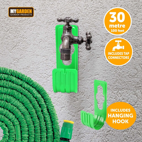 Expandable Garden Hose Pipe 30m/100ft - Includes 7 Function Nozzle Spray Gun Adapters Hanging Hook Holder 2