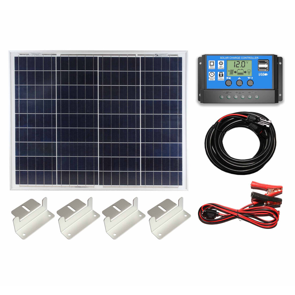 (50w Poly Solar Panel Battery Charging Kit Controller Cables & Mounting Brackets) Poly Solar Panel Battery Charging Kit Controller Cables Boat Caravan