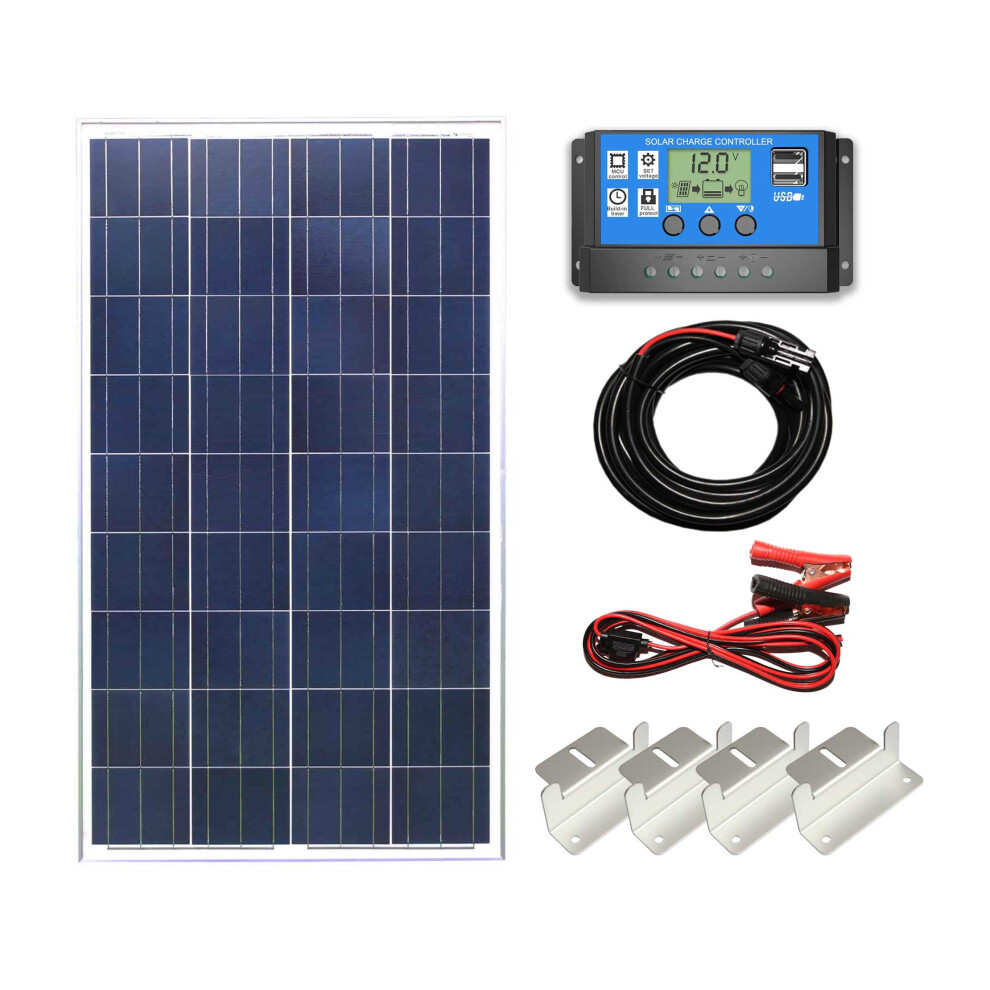 (100w Poly Solar Panel Battery Charging Kit Controller Cables & Mounting Brackets) Poly Solar Panel Battery Charging Kit Controller Cables Boat Carava