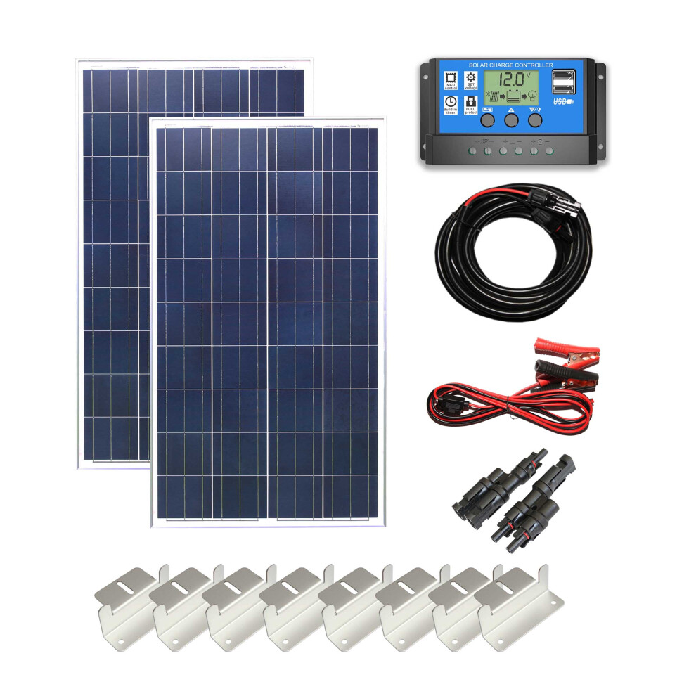 (200w Poly Solar Panel Battery Charging Kit Controller Cables & Mounting Brackets) Poly Solar Panel Battery Charging Kit Controller Cables Boat Carava