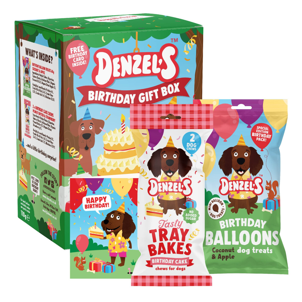 Denzel's Dog Treats Mini Birthday Gift Box - Dog Birthday Cake Chews with Peanut Butter & Strawberry + Birthday Balloon Dog Treats with Coconut &