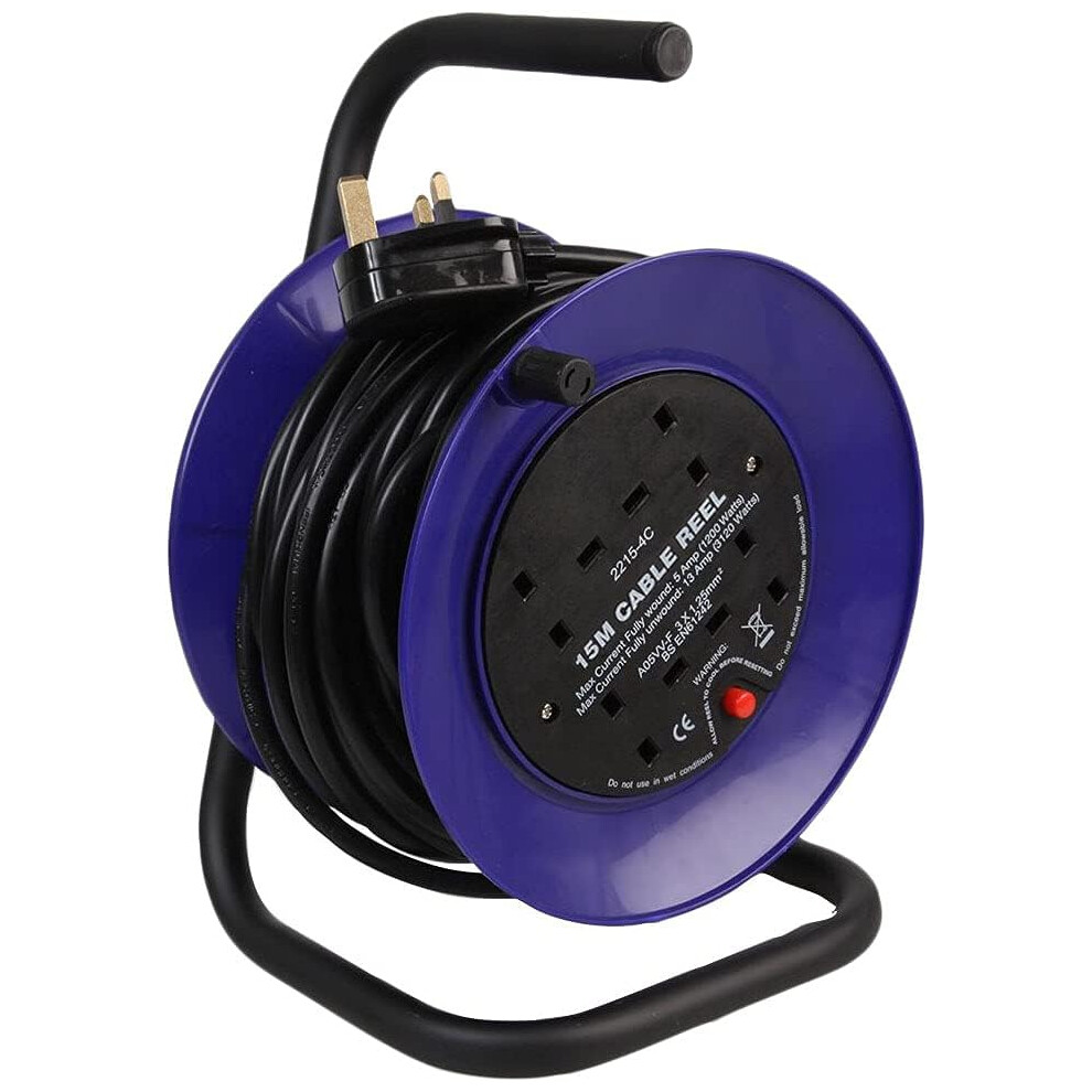 4 Gang Mini Open Cable Reel Extension Lead With Handle And Thermal Cut Out, 15M, Blue 5051259210677