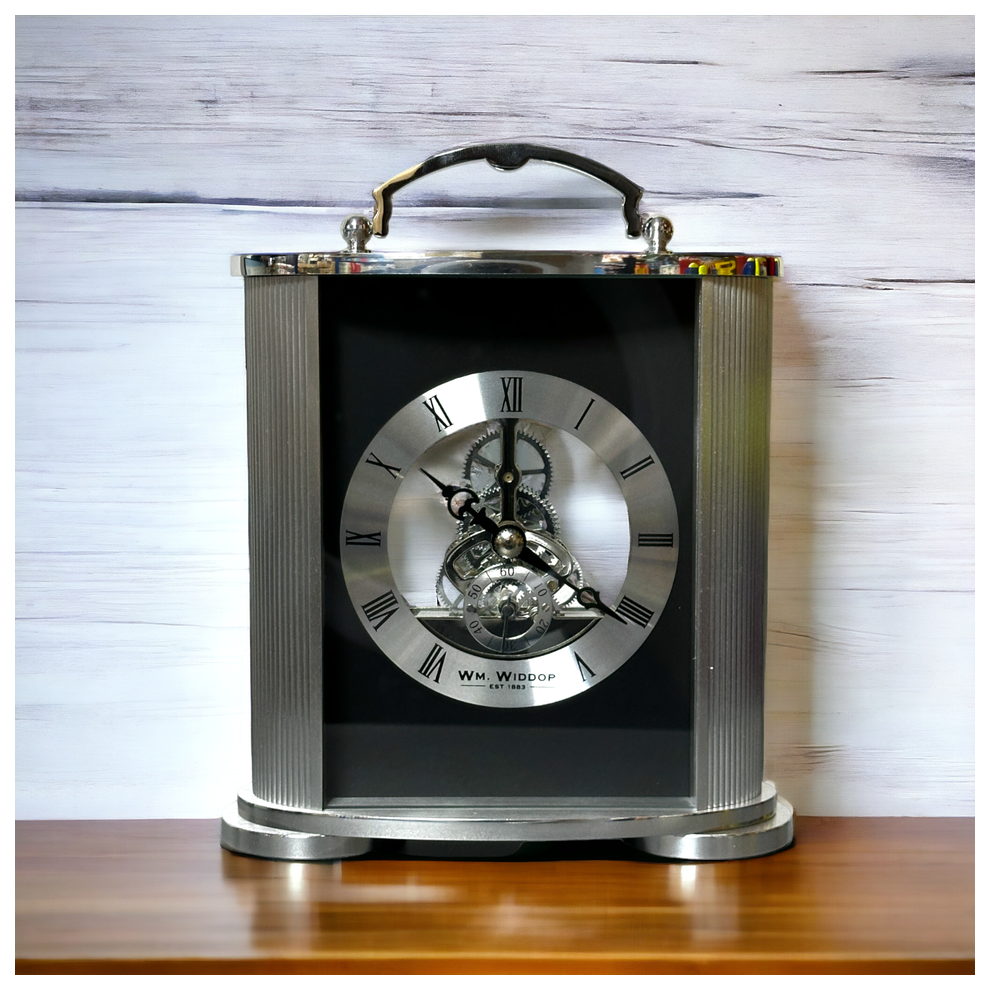 Silver & Black Mantel Clock Skeleton Movement Aluminium Frame - W2920