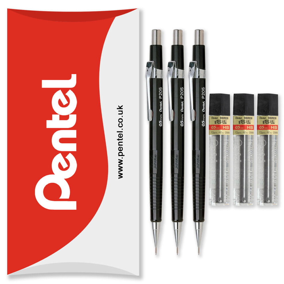 (0.5mm) Pentel P200 Automatic Mechanical Pencils - HB Lead - With Refills - Pack of 6