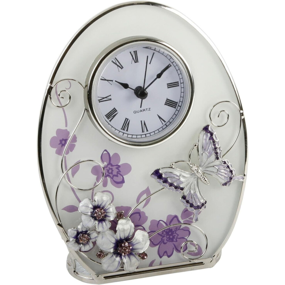 Oval glass mantel clock purple flowers, crystals and a butterfly