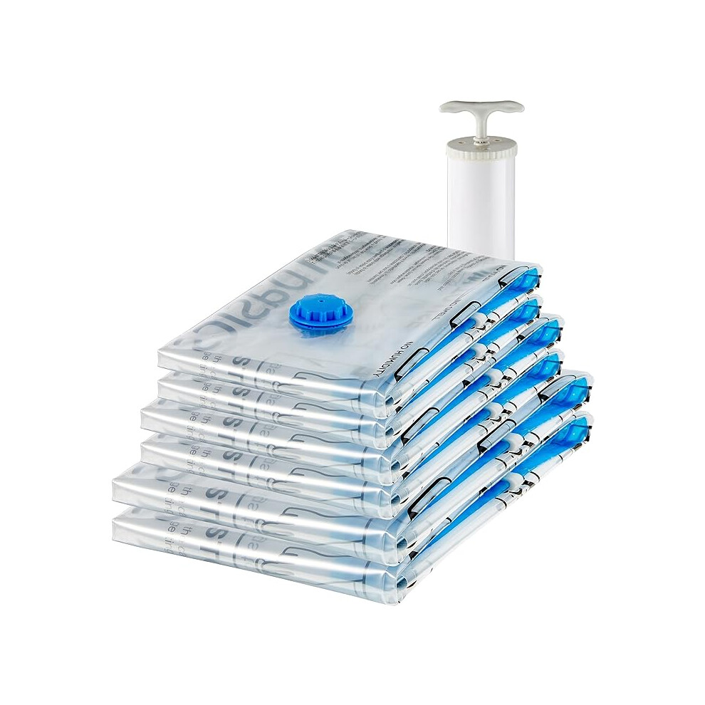 AMAZON BASICS Multiple Vacuum Compression Zipper Storage Bags with Hand Pump 6-Pack (2 Jumbo, 2 Large, 2 Medium), Clear