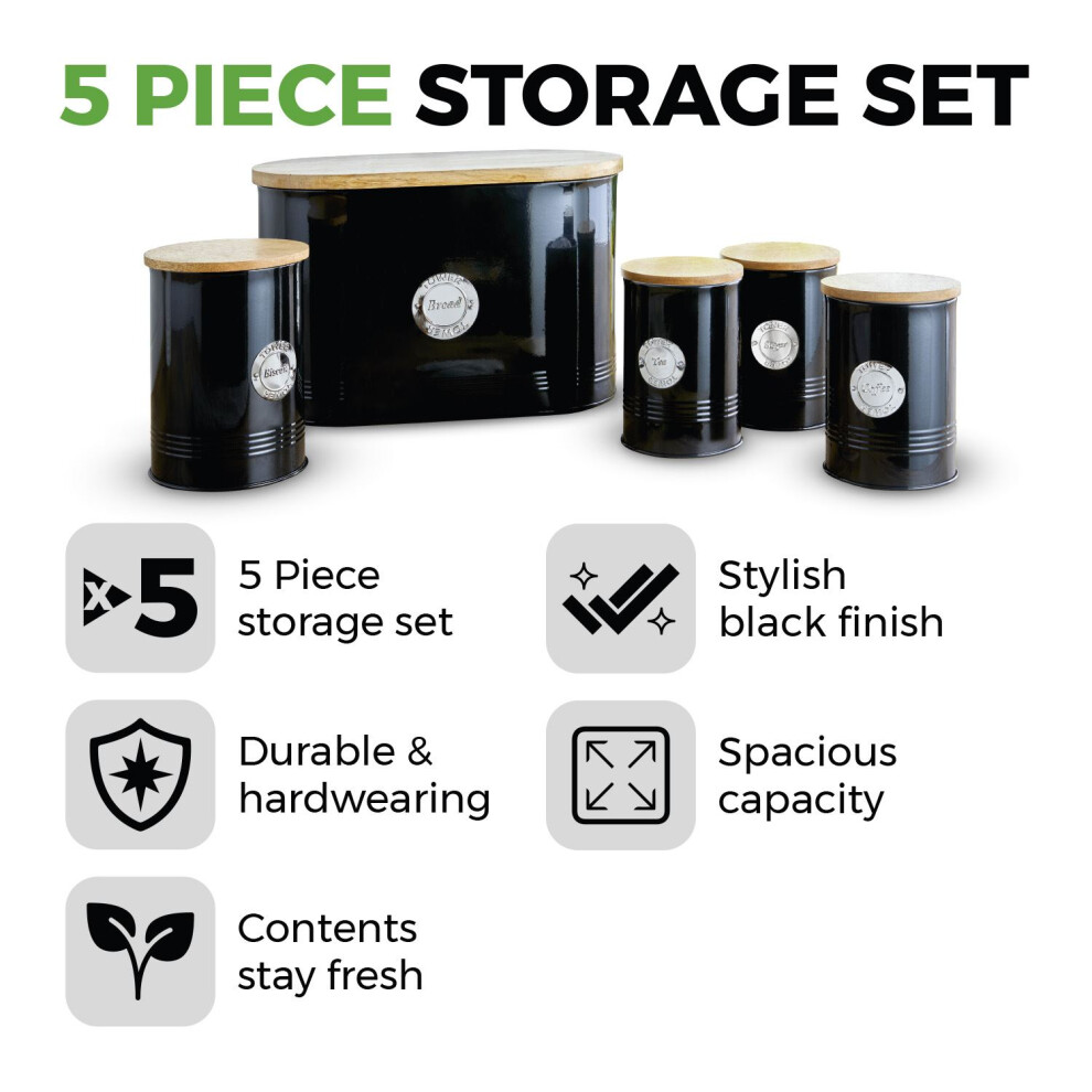 Tower T826213BLK 5 Piece Storage Set, 18/8 Stainless Steel, Black 