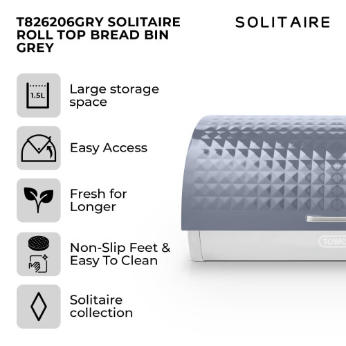Tower Tower T826206GRY Solitaire Bread Bin, Stainless Steel, Grey 1