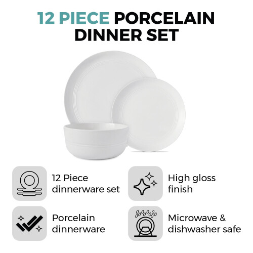 Tower Tower T867023WHT Porcelain Dinnerware Set, 12 Pieces, White 1