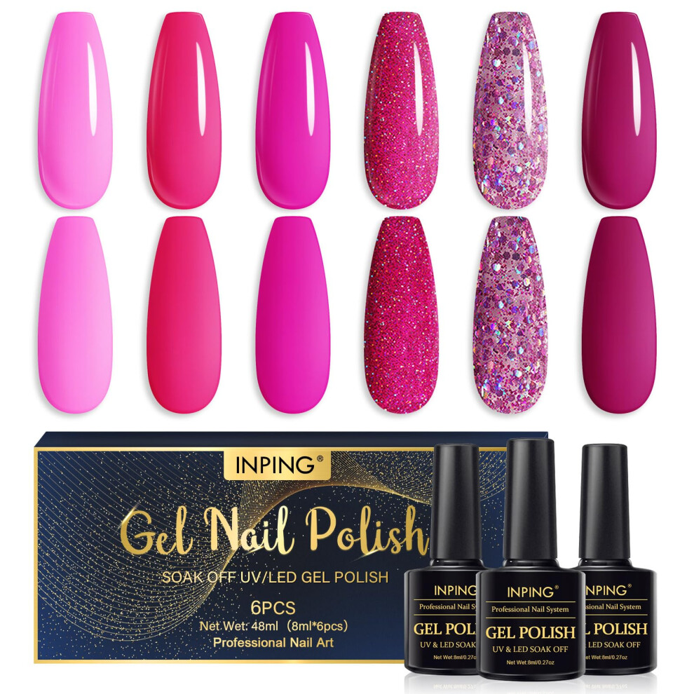 INPING Pink Gel Nail Polish, 6 Colors UV Gel Polish Set, Hot Pink Purple Rose Neon Pink Bright Red Sparkly Glitter Peach Nail Varnish Kit Soak Off UV