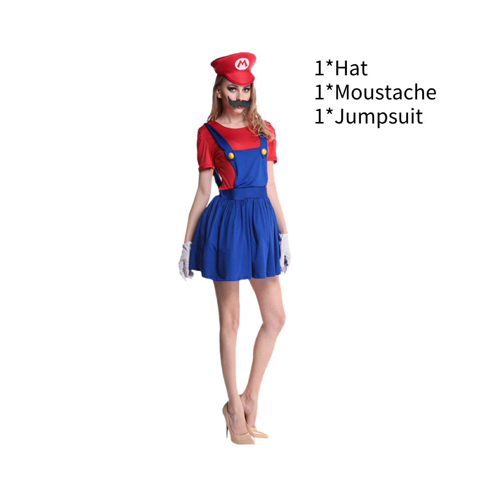 (L) Adult Women Super Mario Costume Fancy Dress Up Hat Outfits Set Party Cosplay