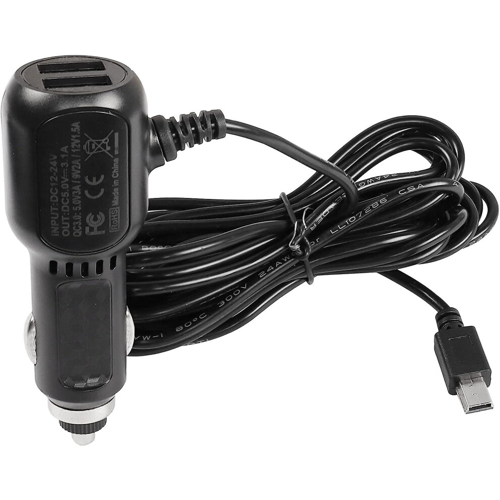 Meiriyfa Car Charger Mini Usb Cable For Dash Cam, Dash Cam Charger Mini Usb, Qc3.0 Fast Vehicle Car Charger With Dual Usb Ports - 3.5M 9324781182818
