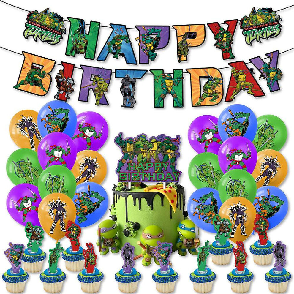 Teenage Mutant Ninja Turtles Theme Party Decoration Set Happy Birthday Banner Pulling Flag Balloon Kit Cake Cupcake Toppers Kids Children Party Suppli