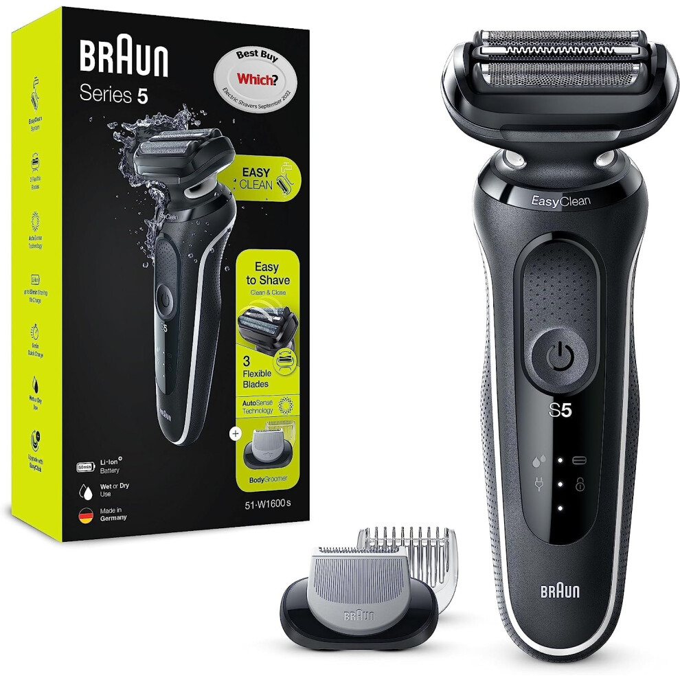 New Braun Men's Series 5 51-W1600s Electric Shaver For With Easyclick Body Groomer Attacht, Easyclean, Wet & Dry, Rechargeable, White