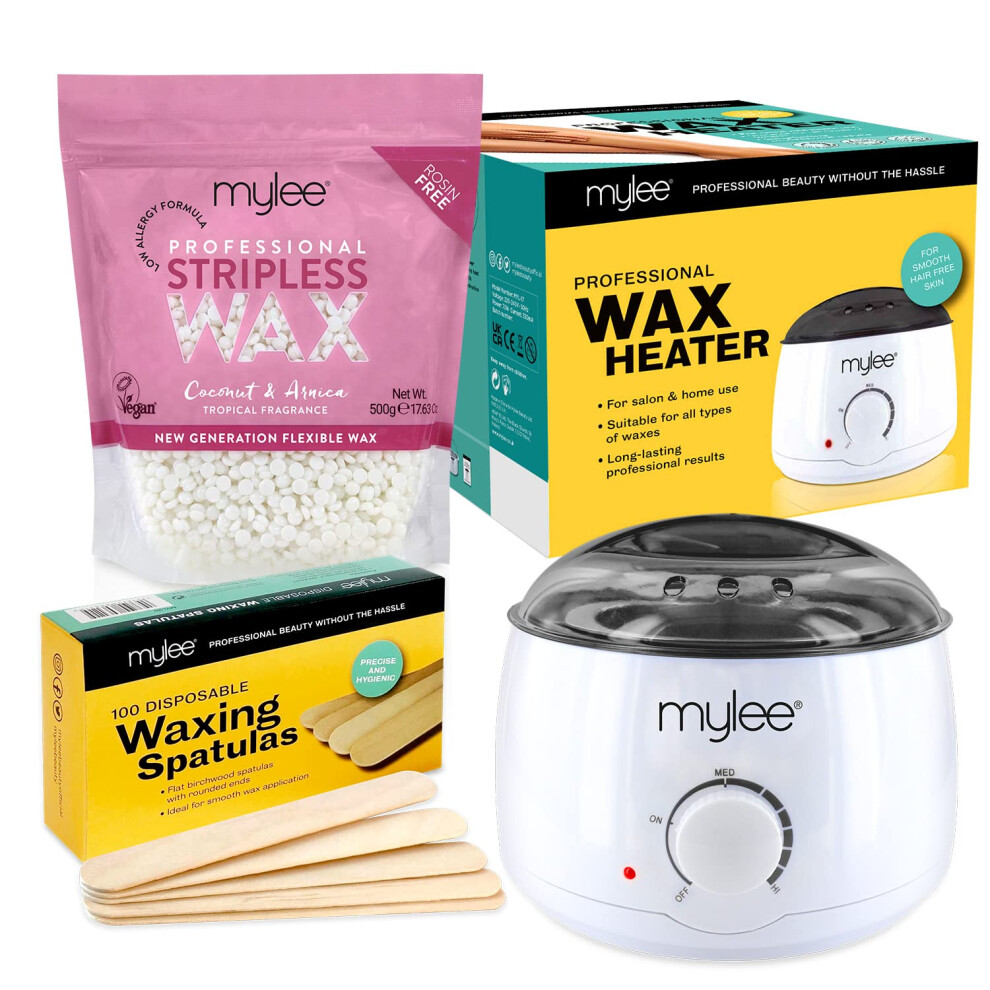 Mylee Professional Waxing Kit with Wax Heater, Hard Wax Beads 500g, Spatulas - Stripless Depilatory Waxing Pellets Solid Film Beans No Strip Needed