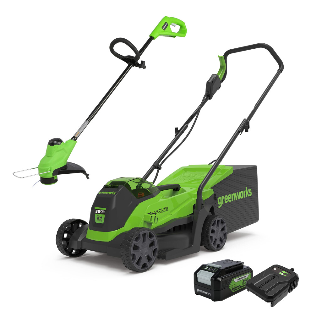 Greenworks Electric Lawn Mower 24V 33cm 30L Grass Catcher Box GD24LM33 and Cordless Grass Trimmer 25cm G24LT25 Auto Feed Head inc