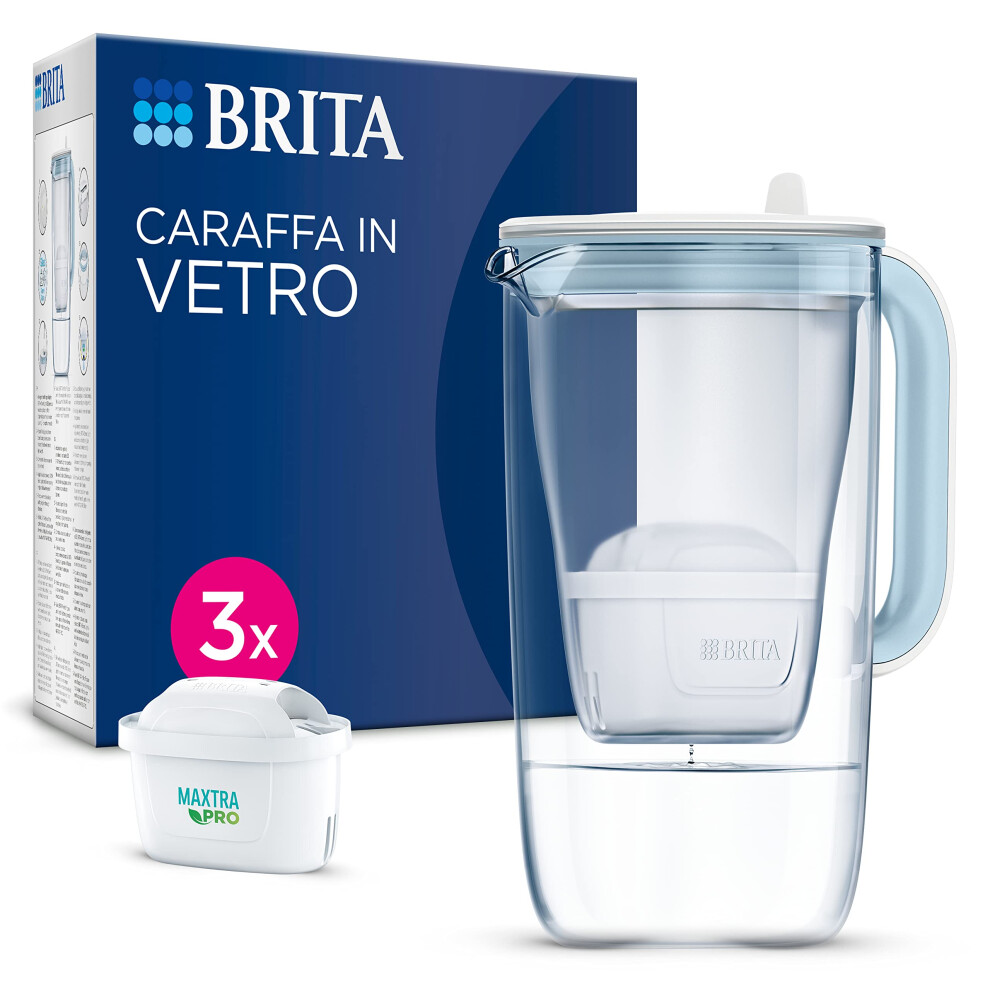 BRITA Glass Water Filter Jug Starter Pack-Light Blue (2.5 Litre) with 3x MAXTRA PRO All-in-1 cartridge-Premium Glass Design jug