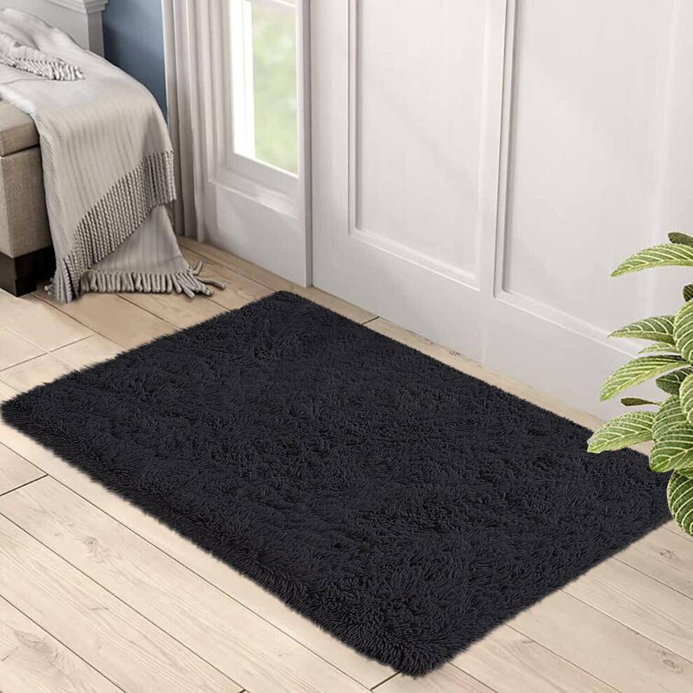 (Black, 60cm x 110cm (2ft x 3ft 7")) Large Shaggy Rug Thick Pile Door Mat Runner Carpet