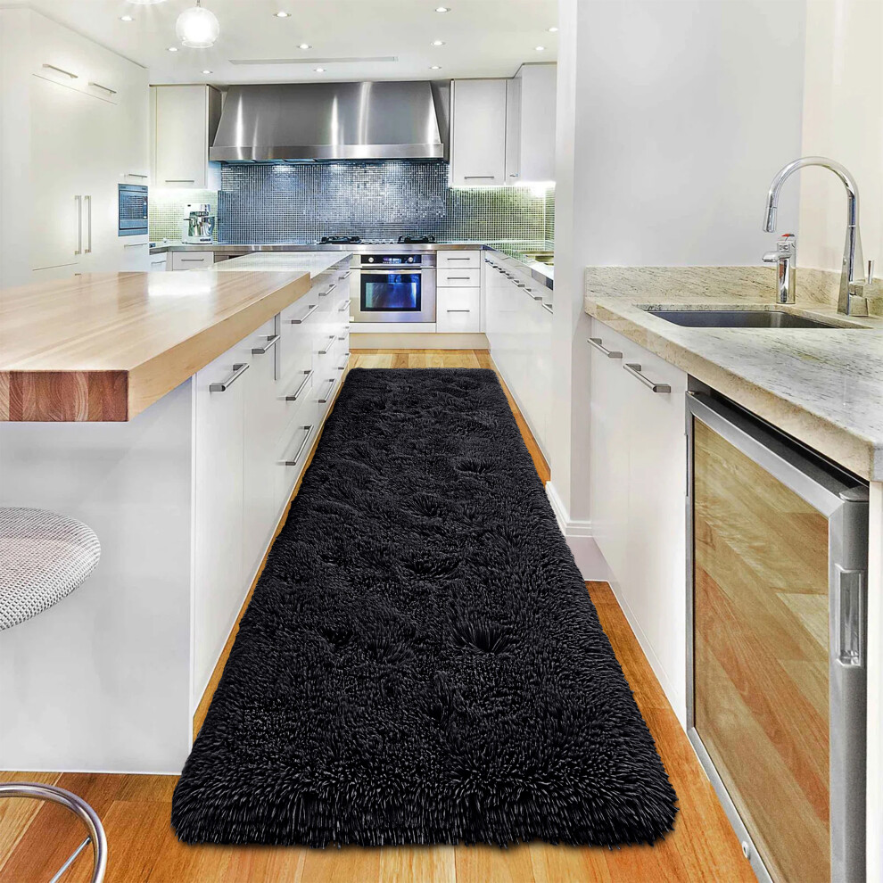 (Black, 60cm x 220cm (2ft x 7ft 3")) Large Shaggy Rug Thick Pile Door Mat Runner Carpet