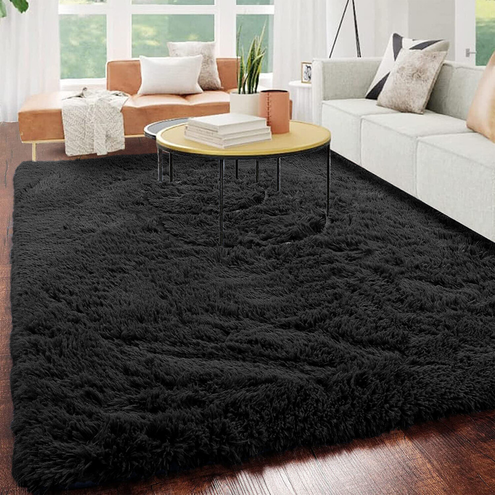 (Black, 160cm x 230cm (5ft 3" x 7ft 6")) Large Shaggy Rug Thick Pile Door Mat Runner Carpet