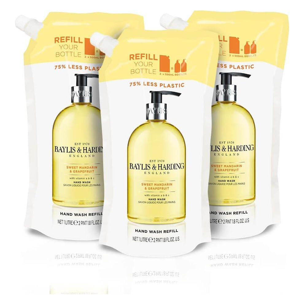 Baylis & Harding Sweet Mandarin & Grapefruit Hand Wash 1 litre Refill Pouch (Pack of 3)  Vegan Friendly
