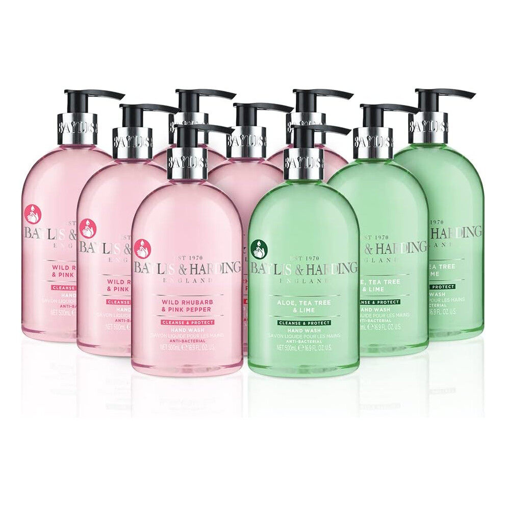 Baylis & Harding Anti Bacterial Hand Wash Bundle 6 x 500 ml Rhubarb & Pink Pepper & 3 x 500 ml Aloe, Tea Tree & Lime (9 bottles)  Vegan Friendly