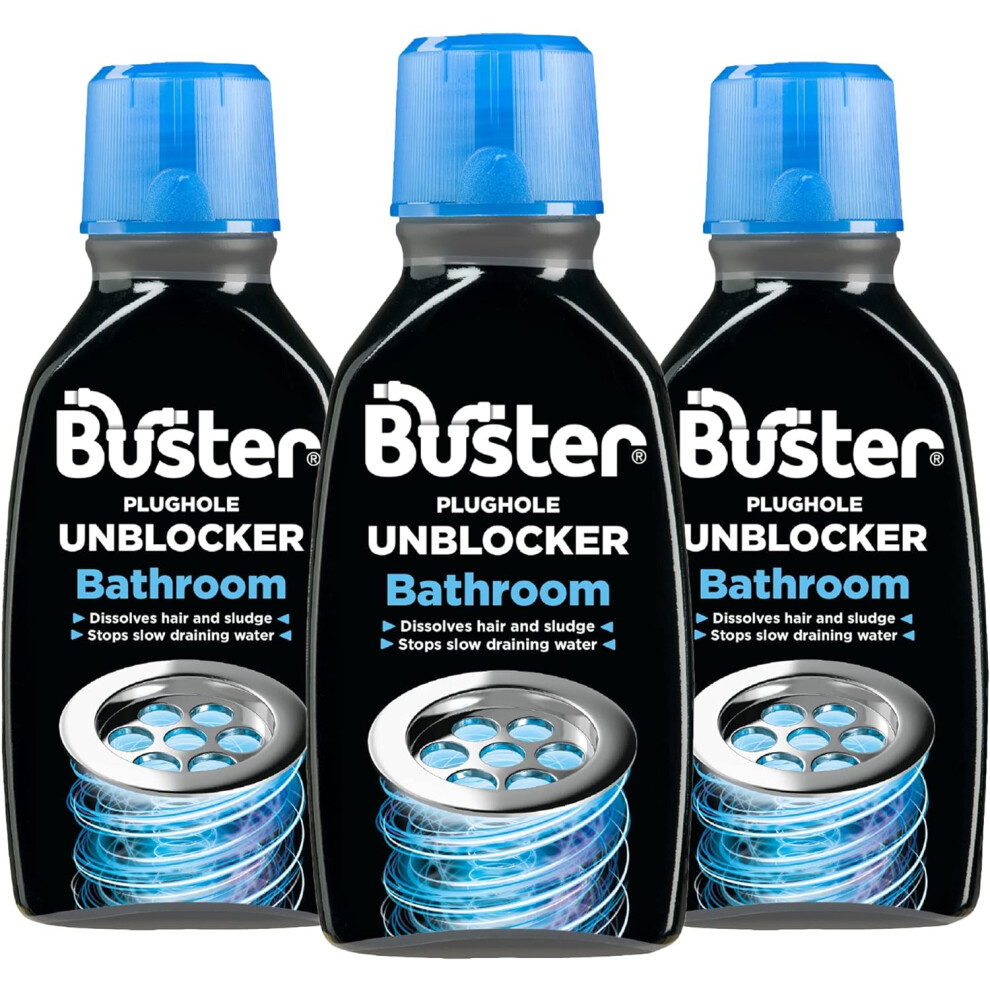 Buster Bathroom Sink Unblocker 300ml Pack 3 Unblock Hair Sludge Showers Baths Sink Fast Acting Plughol Unclogger Clears Blockages Slow Draining Water