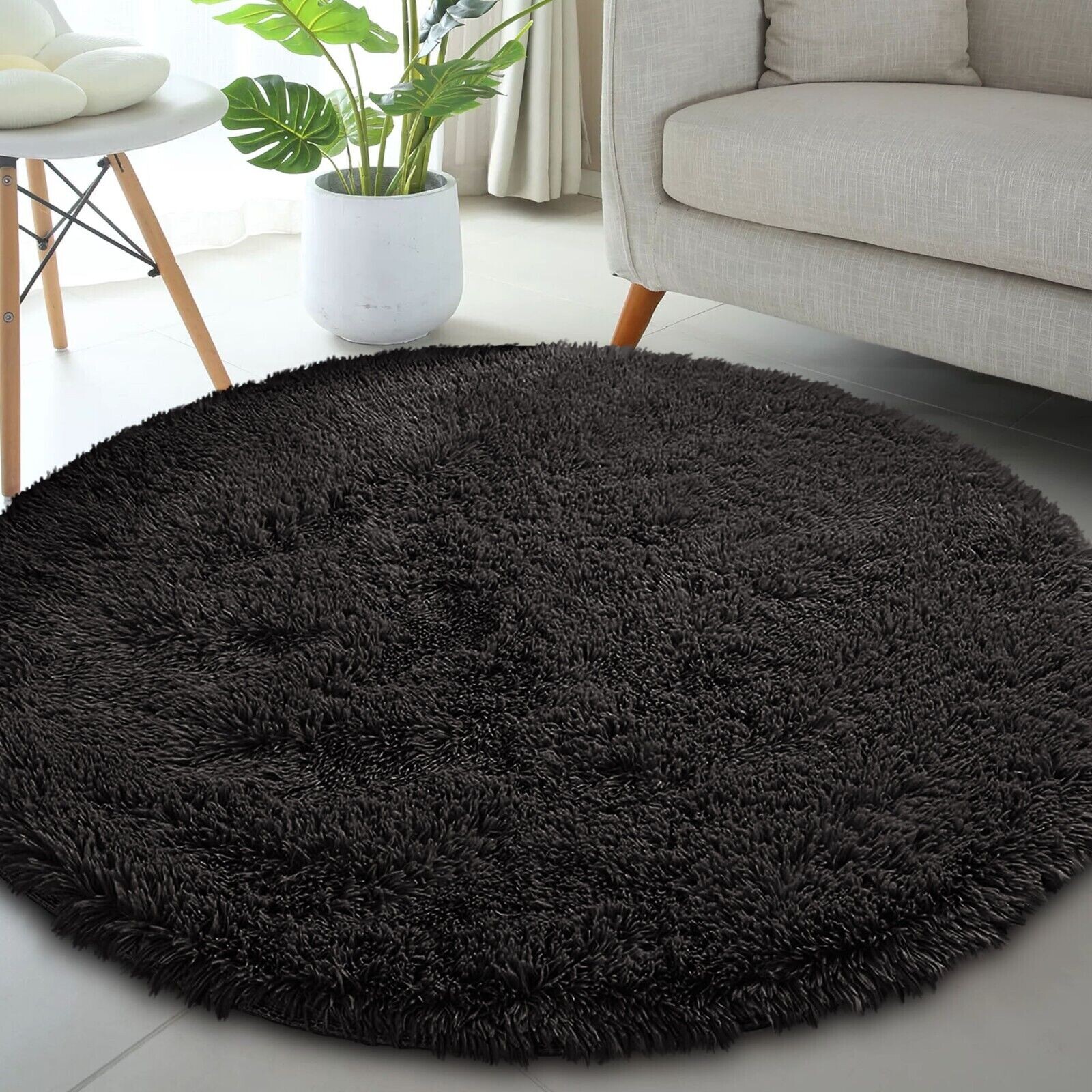 (BLACK, 120X120 CM ROUND) Extra Large Rugs Fluffy Shaggy Living Room ...