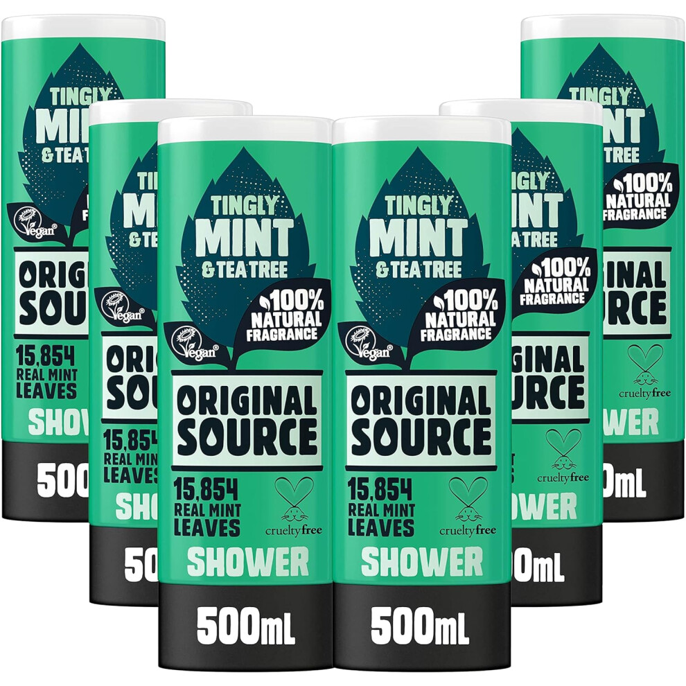 Original Source Mint & Tea Tree Shower Gel, 100 Percent Natural Fragrance, Vegan, Cruelty Free, Paraben Free, Bulk Buy, Pack of 6 x 500 ml