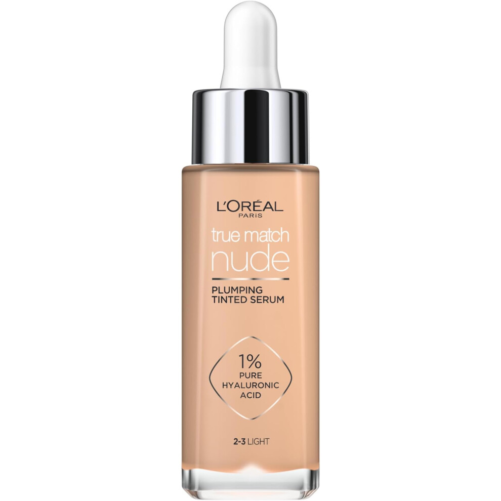 L'Oreal Paris True Match Tinted Serum Foundation 1% Hyaluronic Acid Hydrating Formula Replumps Skin 1Hour Natural Glowing Finish 30ml Shade 2-3 Light