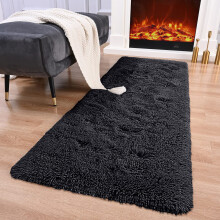 (80cm x 150cm (2ft 8" x 5ft)- Large Runner Carpet Rug, Black Carpet Rug) Fluffy Shaggy Rugs Living Room Hallway Runner