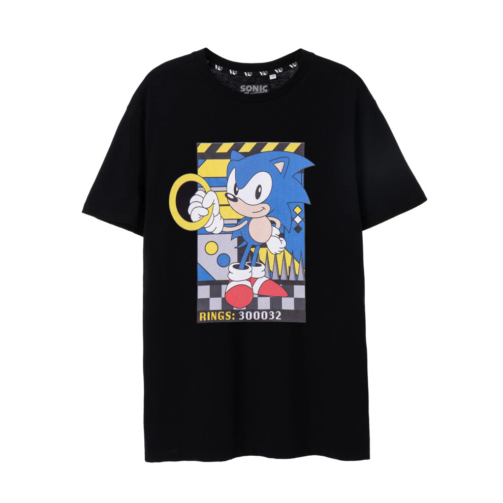 (L, Black) Sonic The Hedgehog Mens Classic Rings T-Shirt