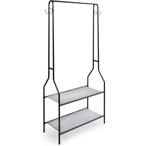 House of Home Clothes Stand with 2 Tier Shoe Rack & 4 Hooks Single Rail Wardrobe Replacement - Black 1