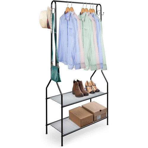 House of Home Clothes Stand with 2 Tier Shoe Rack & 4 Hooks Single Rail Wardrobe Replacement - Black