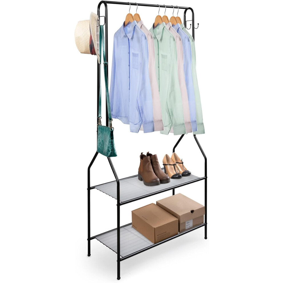 Clothes Stand with 2 Tier Shoe Rack & 4 Hooks Single Rail Wardrobe Replacement - Black