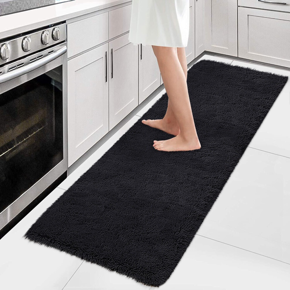 (60cm x 220cm (2ft x 7ft 7")- Runner Carpet Rug, Black Carpet Rug) Kitchen Hallway Runner Rugs Soft Pile Shaggy Rug